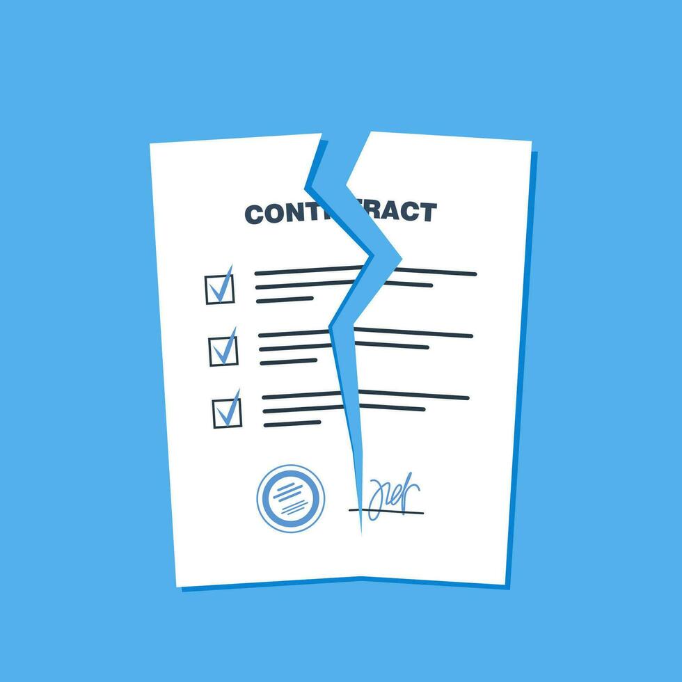 Broken contract or breach of agreement. Expired legal signed document, deal termination, cancellation or end of partnership, torn paper document. Vector illustration.