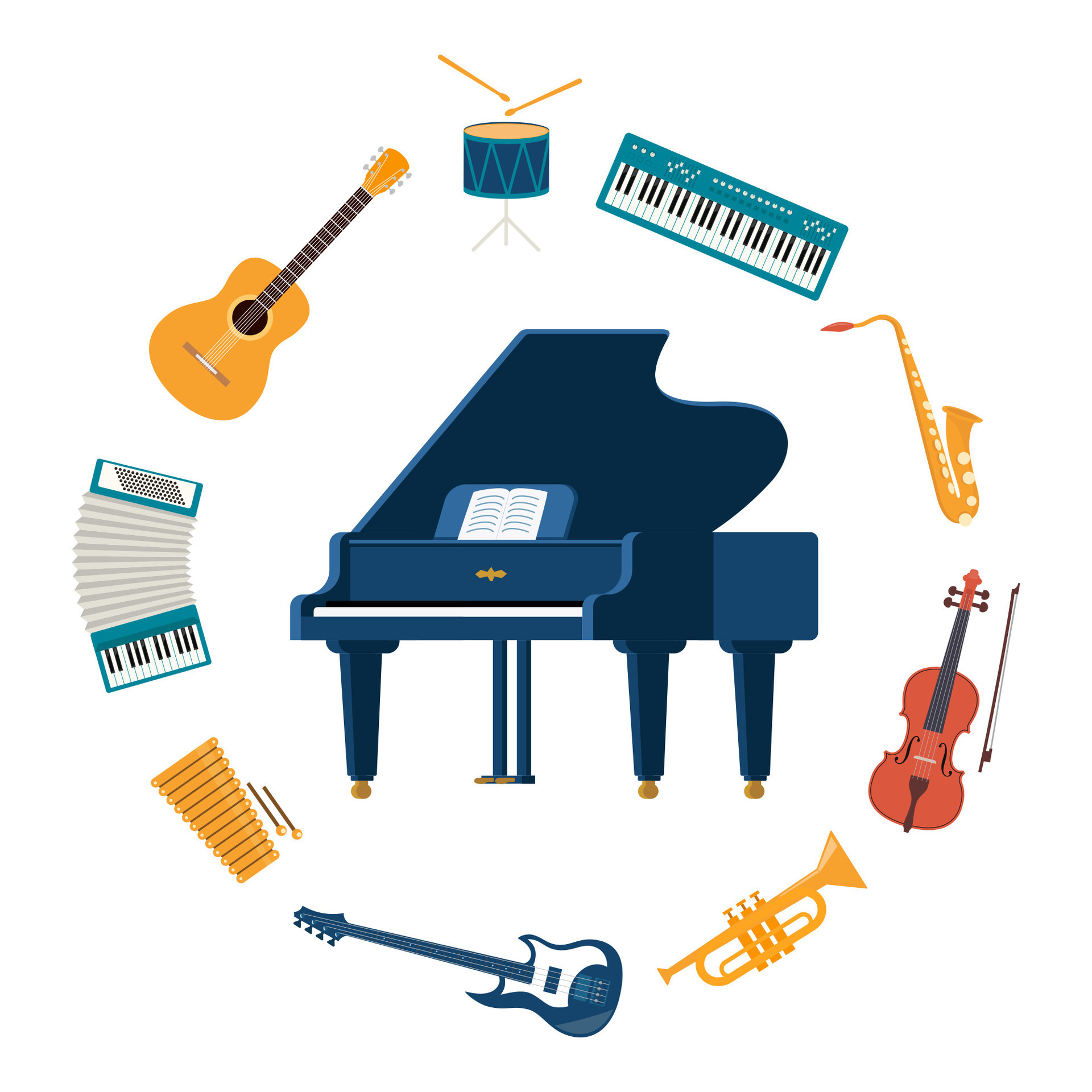 Musical instruments, set of icons. Guitar, synthesizer, violin, cello
