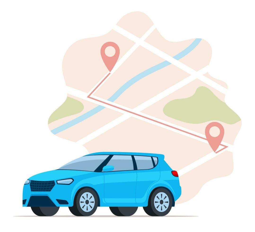 Blue car and points location on a city map. Car sharing concept. Vector illustration.