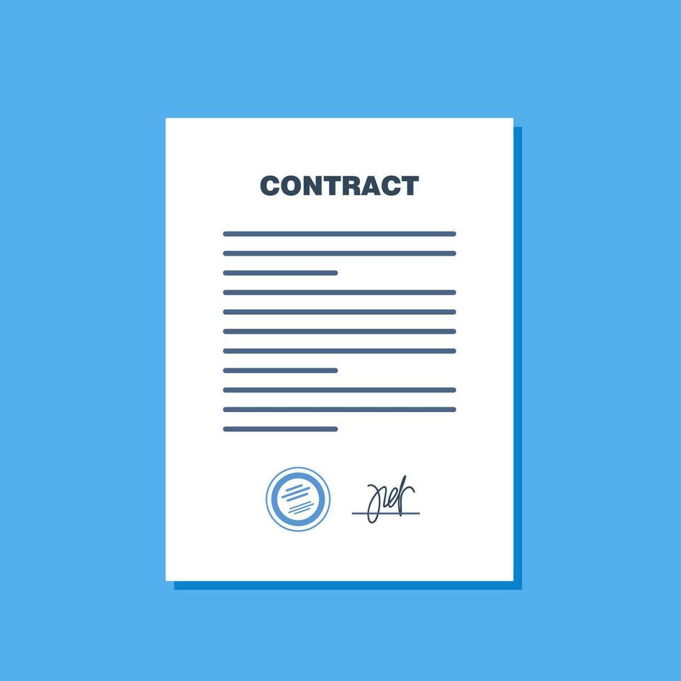 contrato acuerdo papel blanco. contrato con sello y firma. vector ilustración en plano estilo.