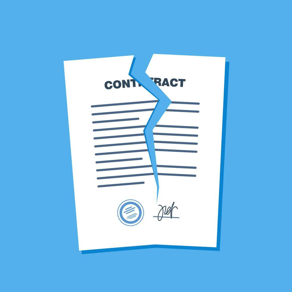 Broken contract or breach of agreement. Expired legal signed document, deal termination, cancellation or end of partnership, torn paper document. Vector illustration.