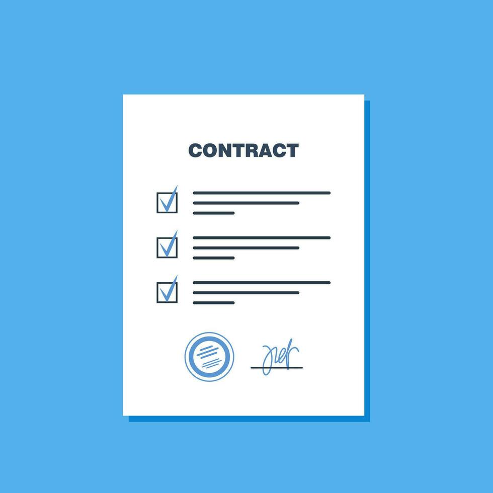 Contract agreement paper blank. Contract with seal and signature. Vector illustration in flat style.