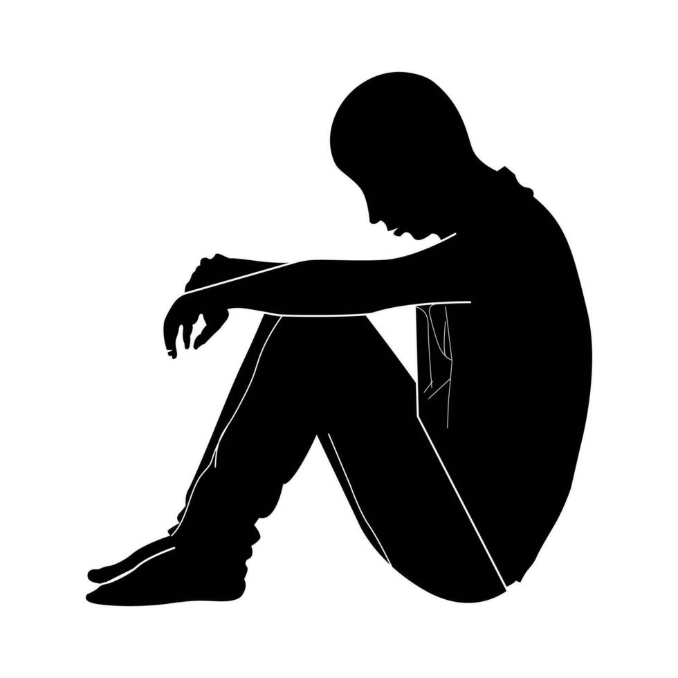 Depressed silhouette of a person sitting on the floor on a white background. vector