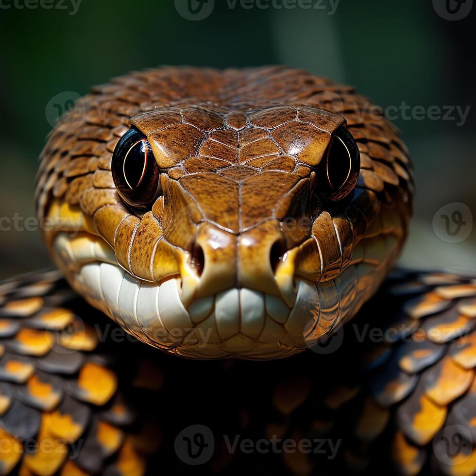 Head shot of a king cobra looking directly at the camera photo
