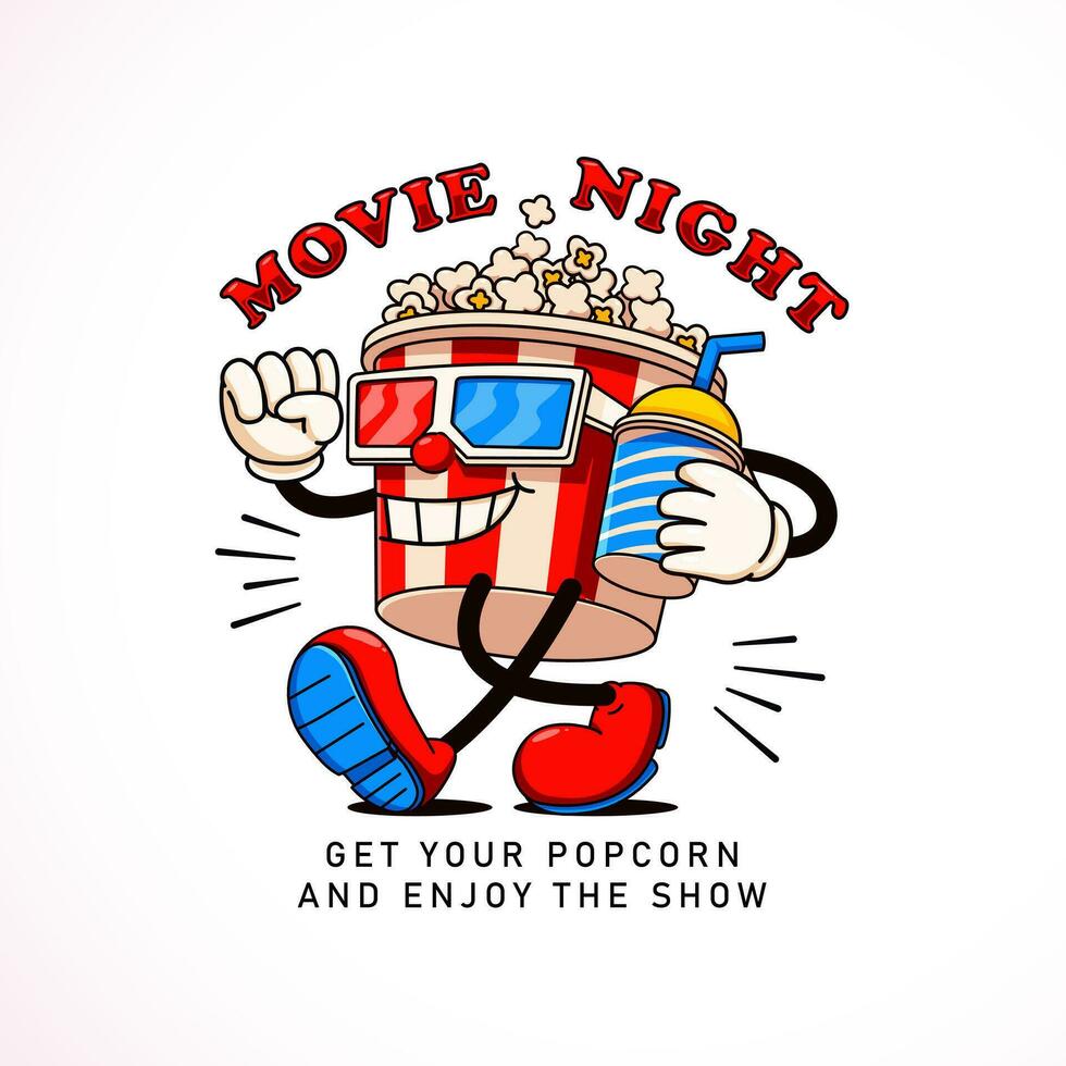 Popcorn cartoon mascot going to the movies. Perfect for logos, mascots, t-shirts, stickers and posters vector