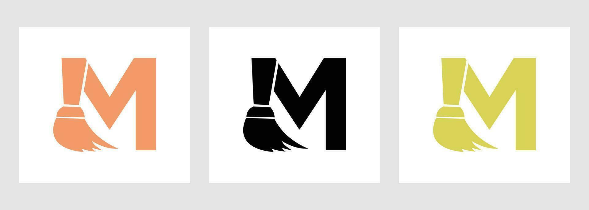Letter M House Cleaning Logo Concept With Clean Brush Icon. Maid Service Symbol vector