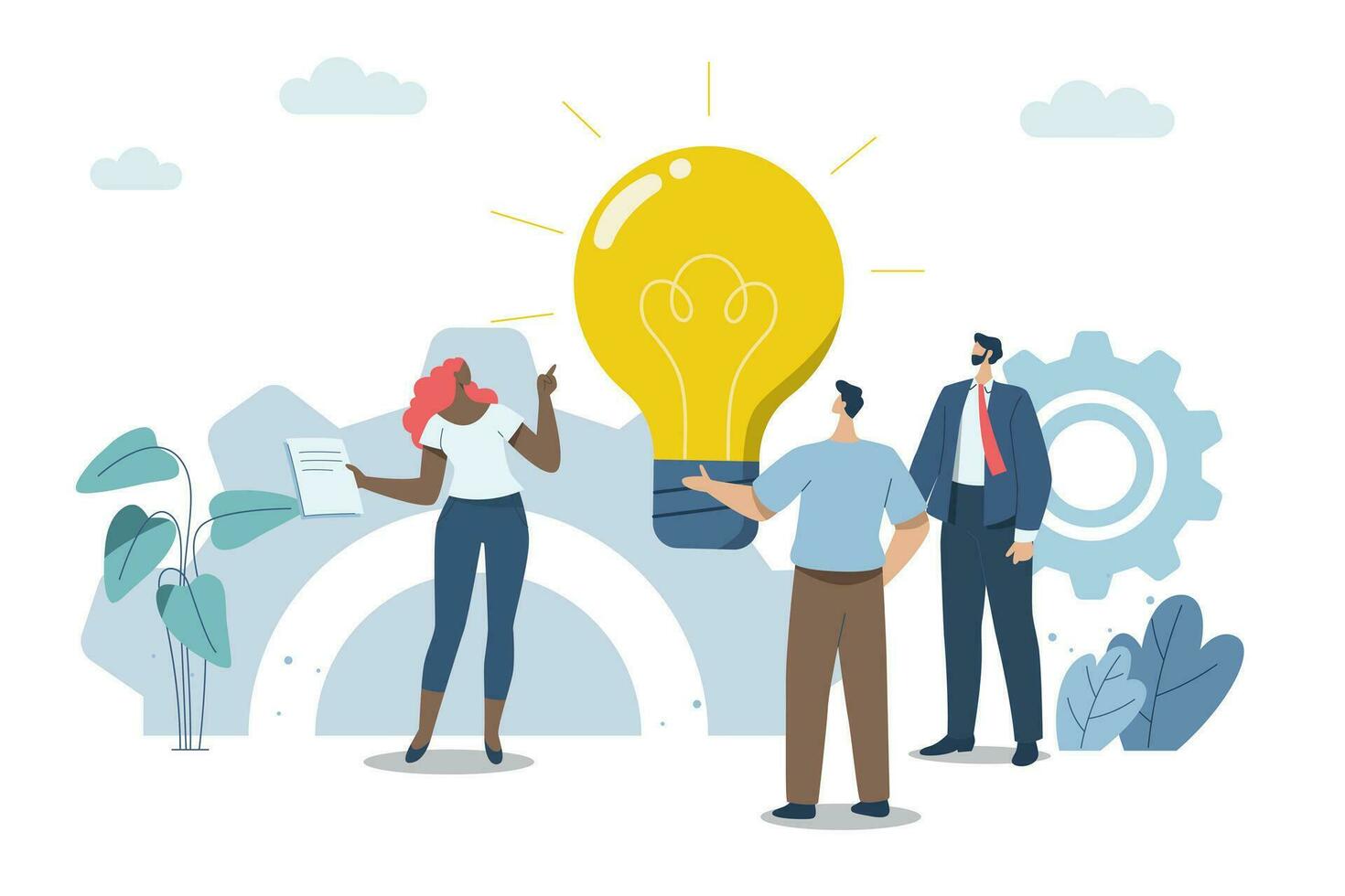 Brainstorming ideas creative, Finding suitable solutions and strategies together, Working as a team or collaboration, Cooperation, Team gathering ideas. Vector design illustration.