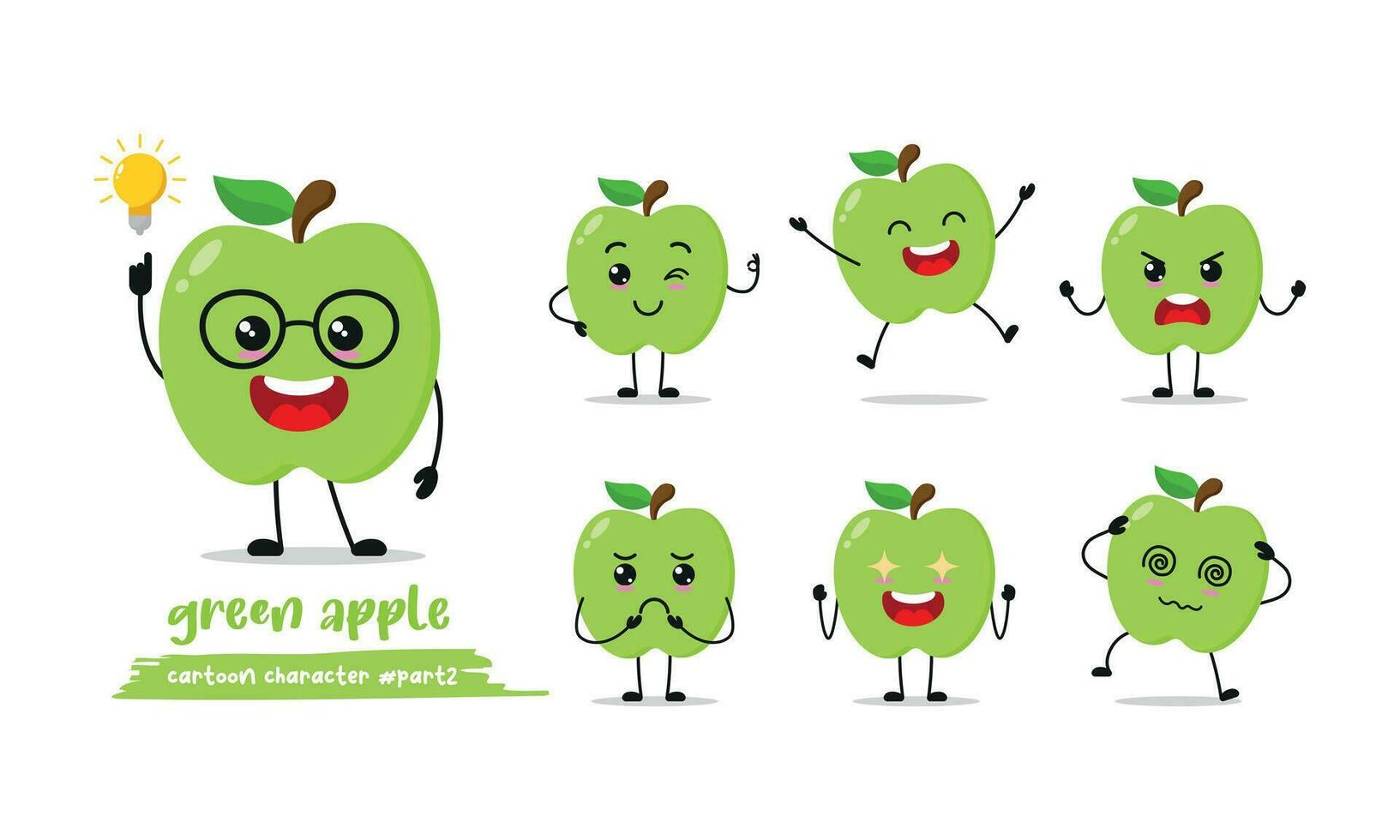 cute green apple cartoon with many expressions. fruit different activity pose vector illustration flat design set.