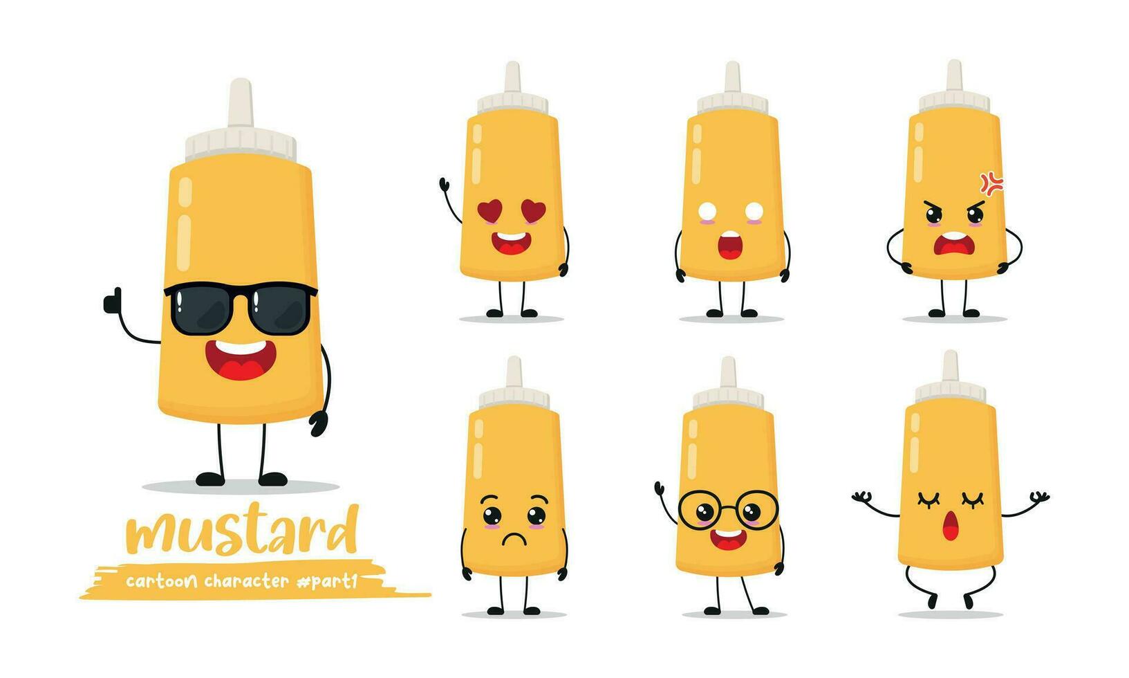 cute mustard sauce cartoon with many expressions. mustard bottle different activity pose vector illustration flat design set with sunglasses.