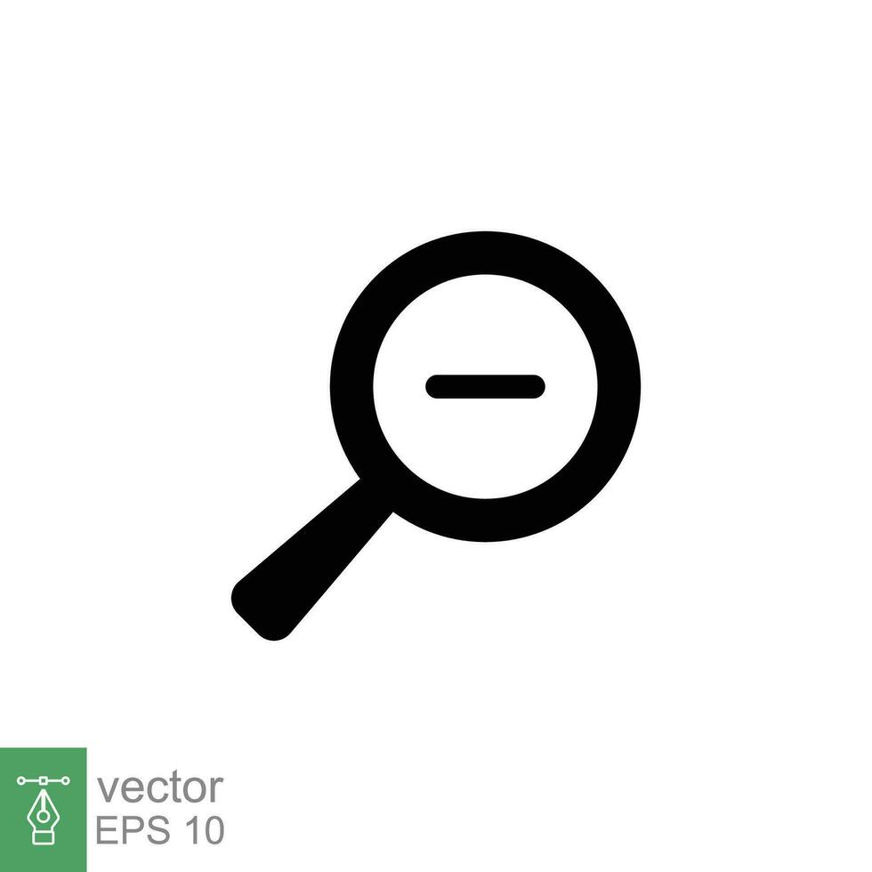 Zoom out icon. Simple flat, solid style. Magnifying glass, find, minus, search concept. Black silhouette, glyph symbol. Vector illustration isolated on white background. EPS 10.