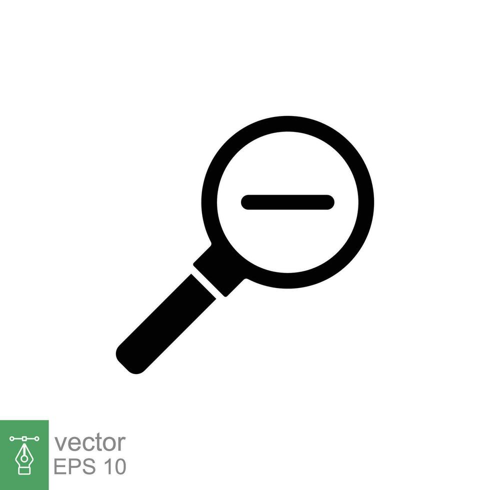 Zoom out icon. Simple flat, solid style. Magnifying glass, find, minus, search concept. Black silhouette, glyph symbol. Vector illustration isolated on white background. EPS 10.