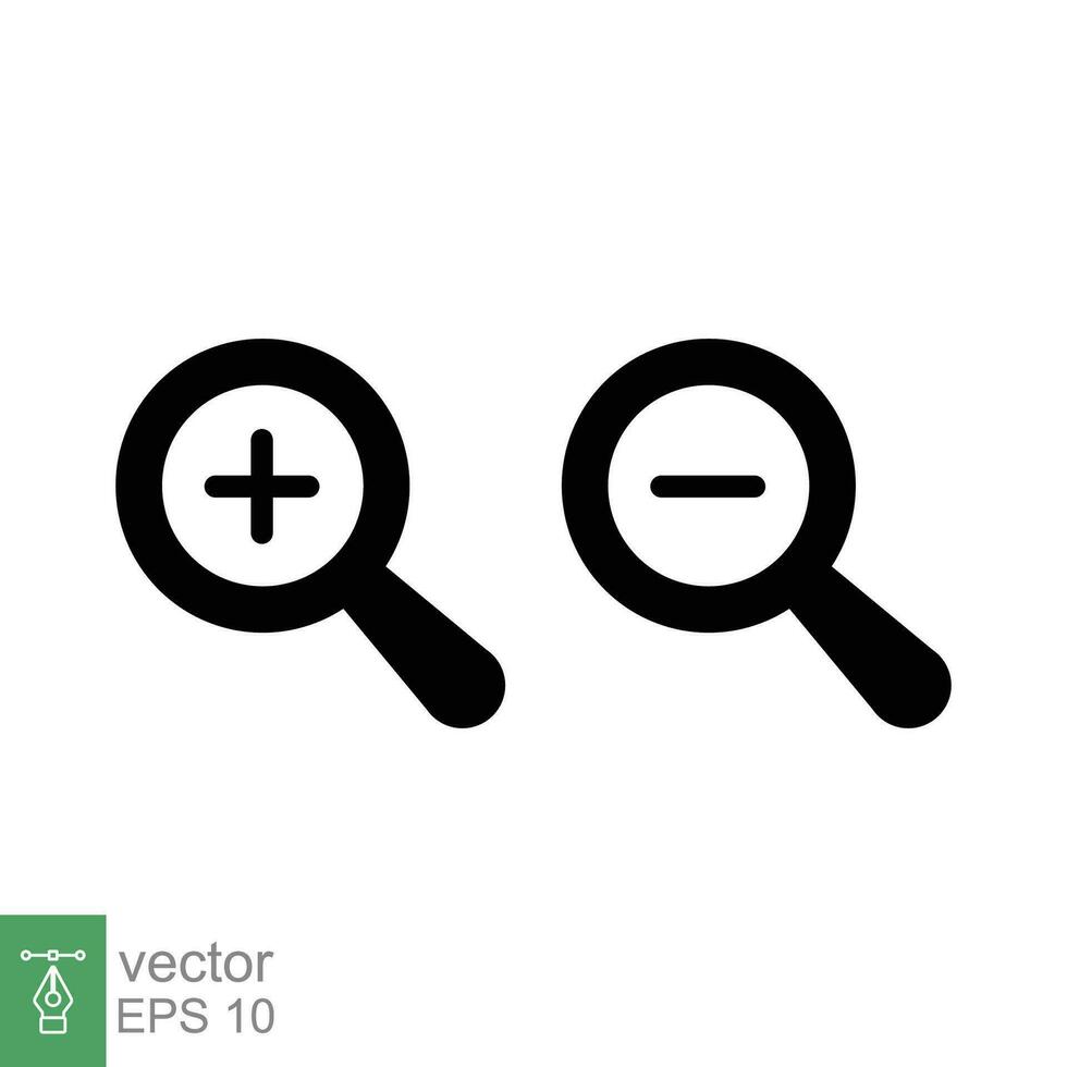 Zoom in and zoom out icons. Simple flat, solid style. Magnifying glass, find, plus, minus, search concept. Black silhouette, glyph symbol. Vector illustration isolated on white background. EPS 10.