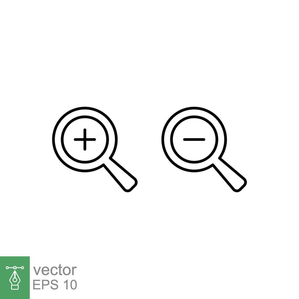 Zoom in and zoom out icons. Simple outline style. Magnifying glass, find, plus, minus, enlarge, reduce, search concept. Thin line symbol. Vector illustration isolated on white background. EPS 10.