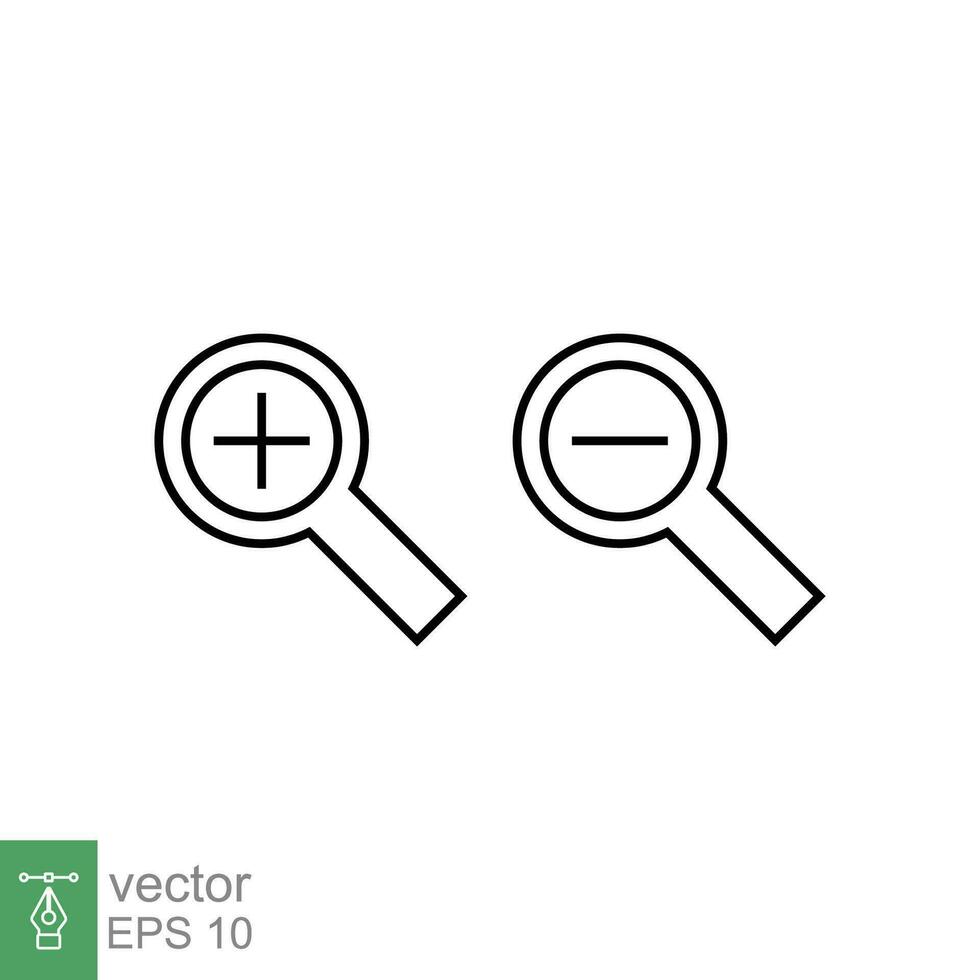 Zoom in and zoom out icons. Simple outline style. Magnifying glass, find, plus, minus, enlarge, reduce, search concept. Thin line symbol. Vector illustration isolated on white background. EPS 10.