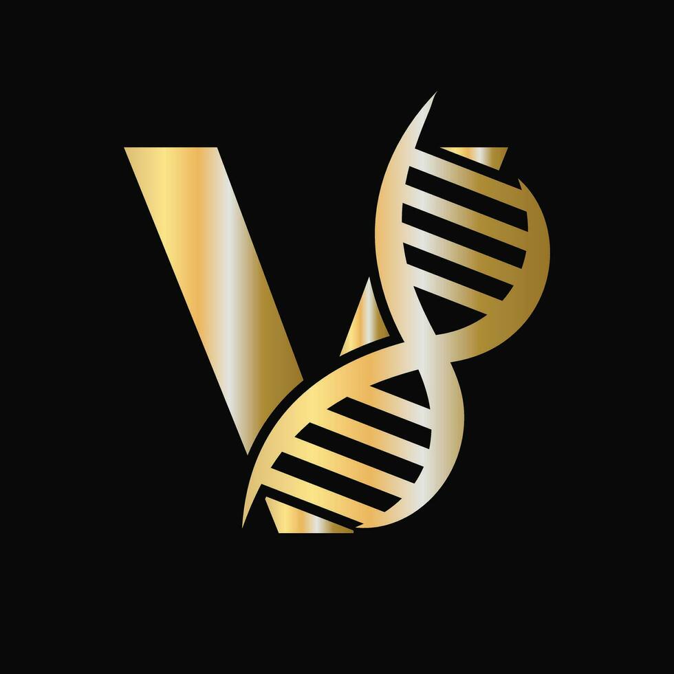 letra v adn logo diseño concepto con adn célula icono. salud cuidado símbolo vector