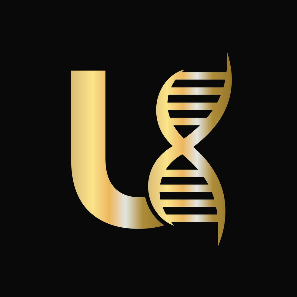 Letter U DNA Logo Design Concept With DNA Cell Icon. Health Care Symbol vector