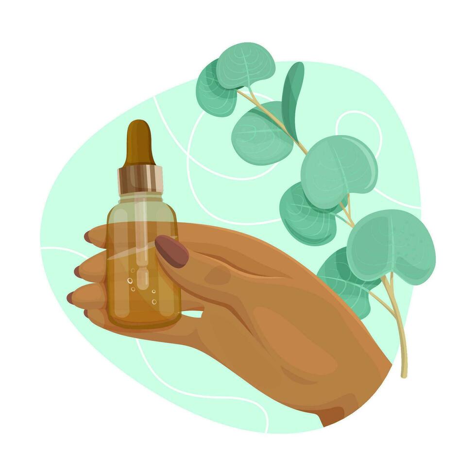 Black woman hand holding facial essential oil or serum against the background of a branch of eucalyptus. vector