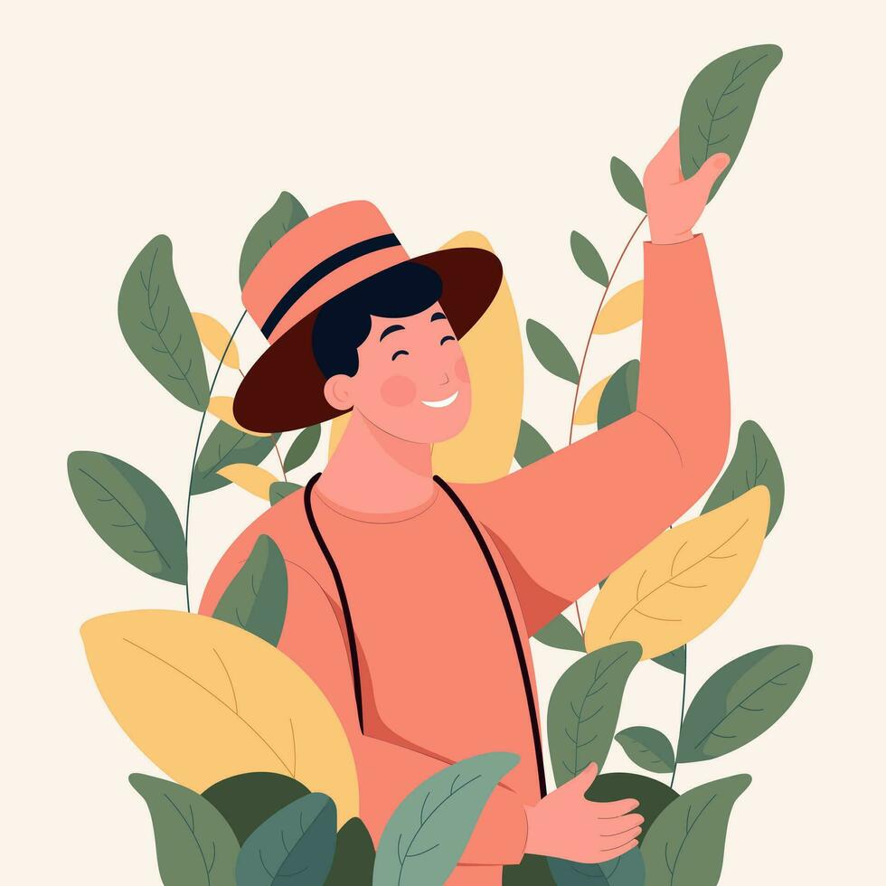 Portrait of Happy Young Man Wearing Fedora Hat and Standing in Leaves Background. vector