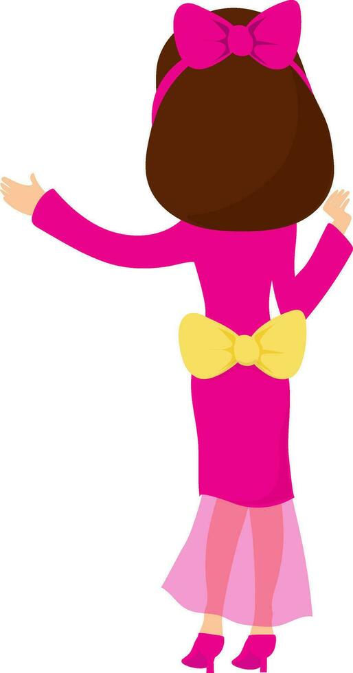 Back pose of a beautiful bride in pink dress with bow. vector