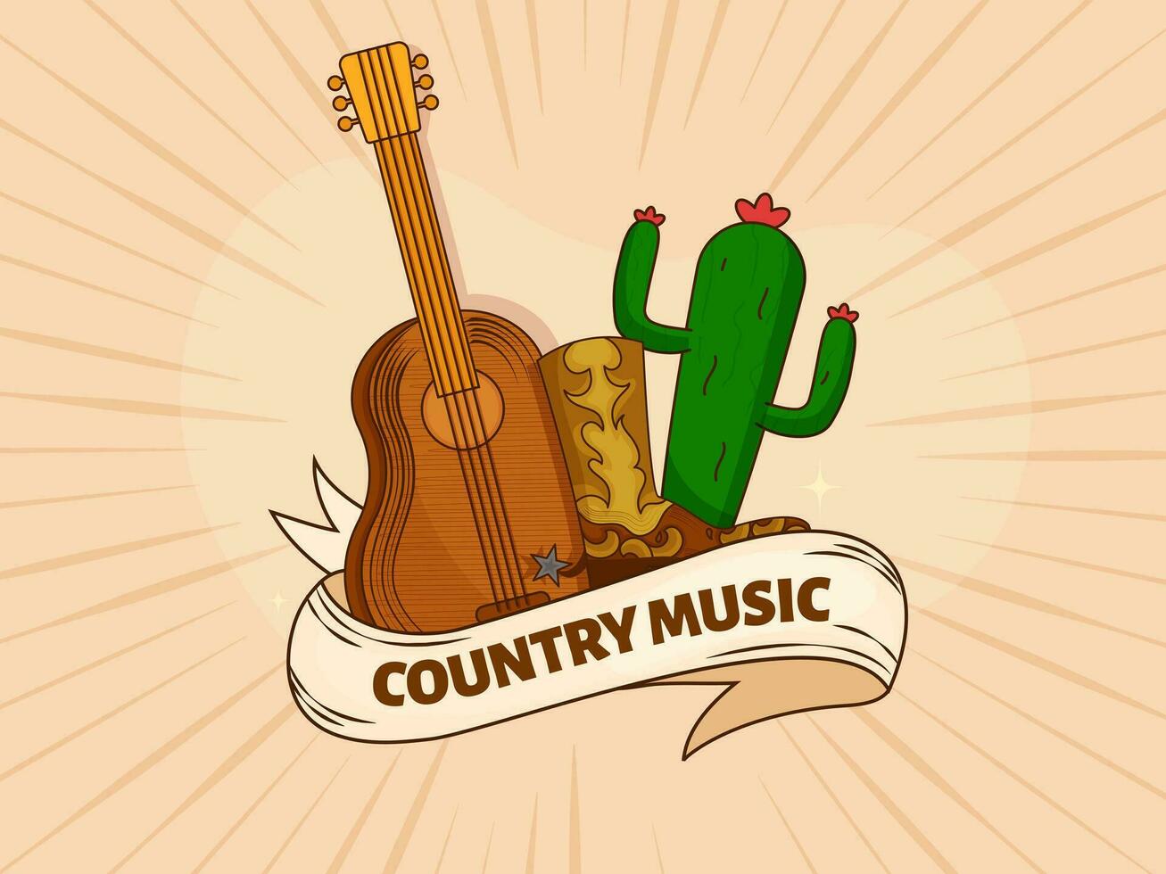 Country Music Text Ribbon With Guitar, Cowboy Boots, Cactus Plant On Retro Rays Peach Background. vector