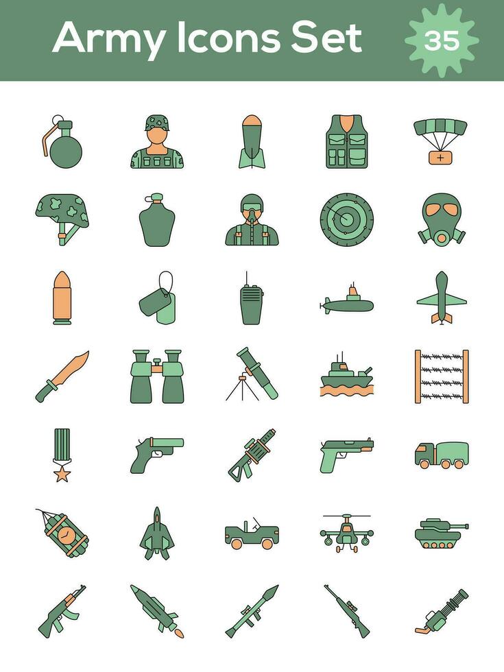 Green And Orange Color Set of Army Icon In Flat Style. vector