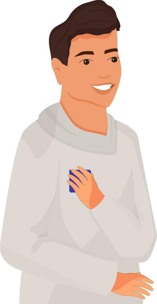Smiling Young Man Hand Touch His Chest Over White Background. vector
