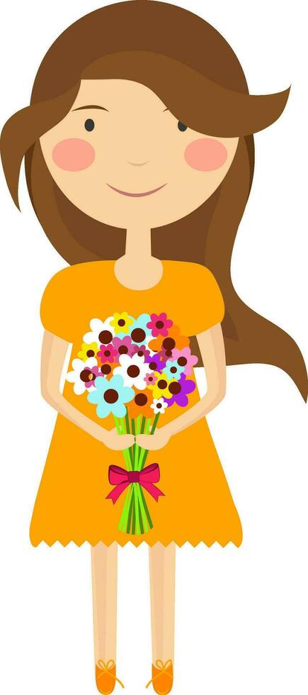 Smiling girl holding colourful flowers. vector