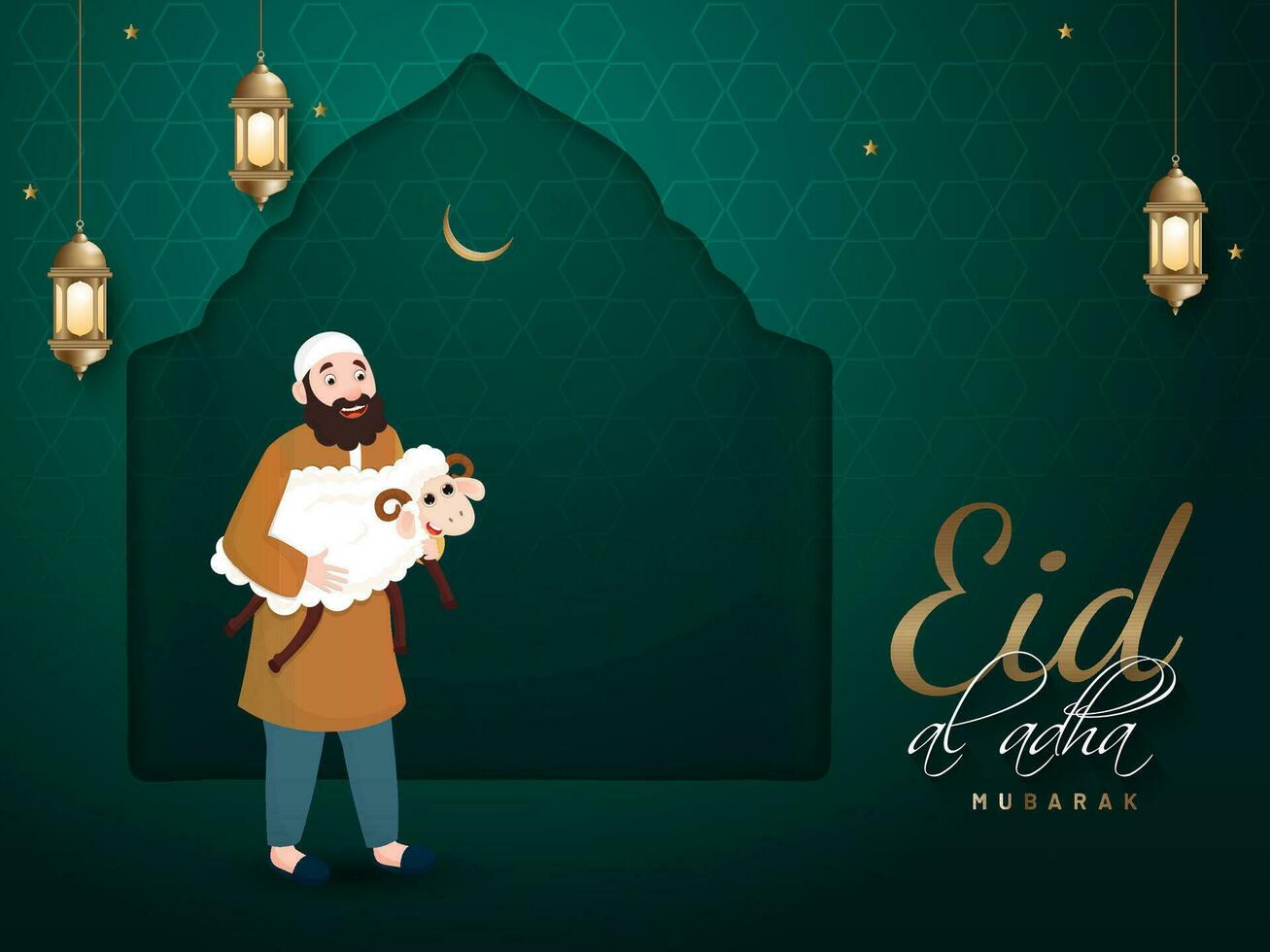 Eid Al Adha Mubarak Concept with Illustration of Cheerful Muslim Man Holding Adorable Sheep and Hanging Golden Lit Lamps on Green Paper Islamic Arch Background. vector