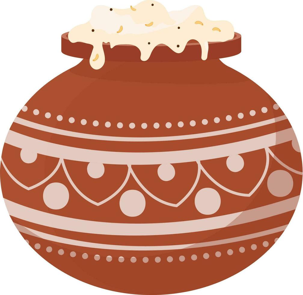 Mud Pot Full Of Traditional Dish Pongal Rice On White Background. vector