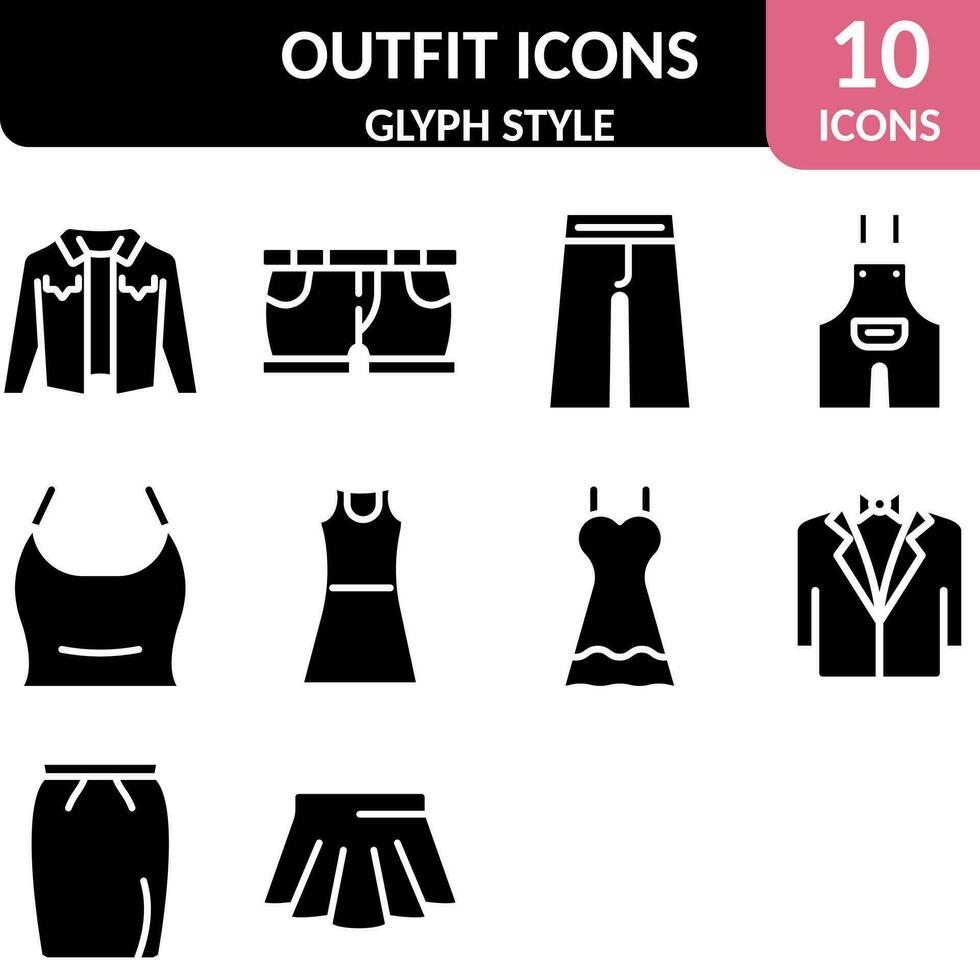 Glyph Style Outfit Icon Set On White Background. vector