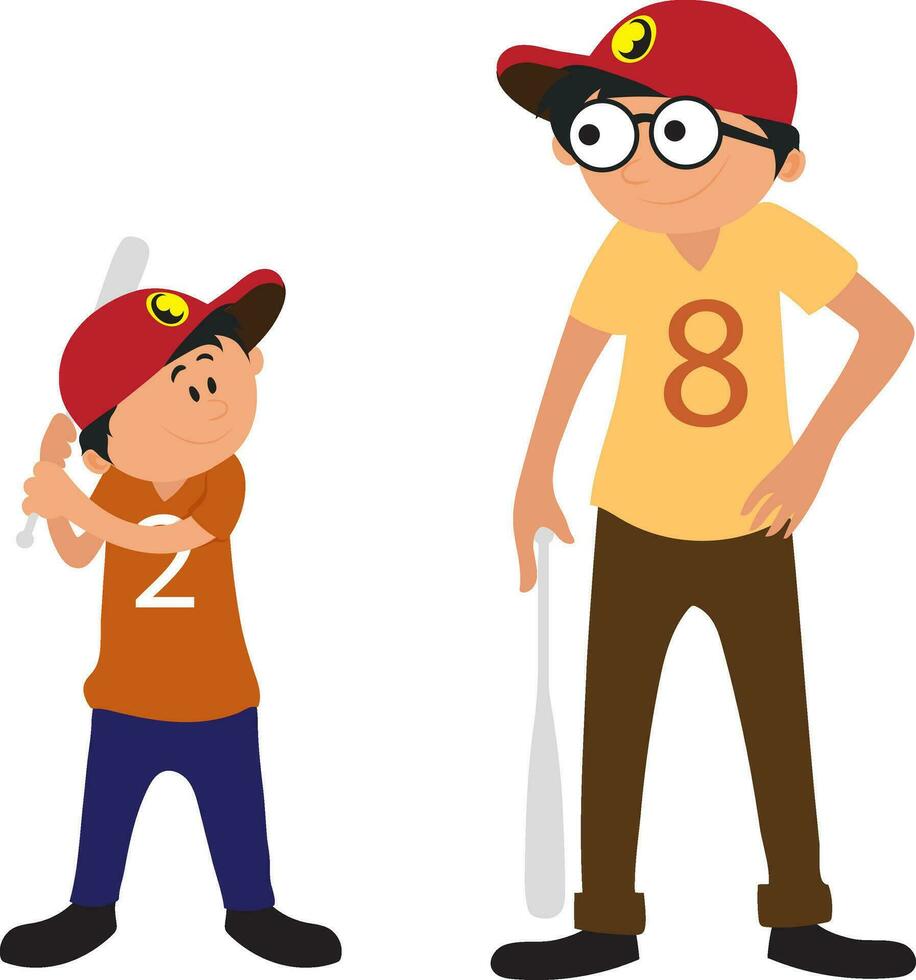 Character of father and son holding baseball bats. vector