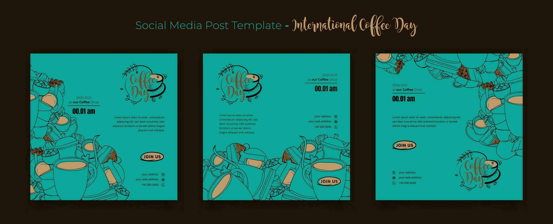social medios de comunicación modelo para café día Campaña con café tazas y café maceta en garabatear Arte diseño vector