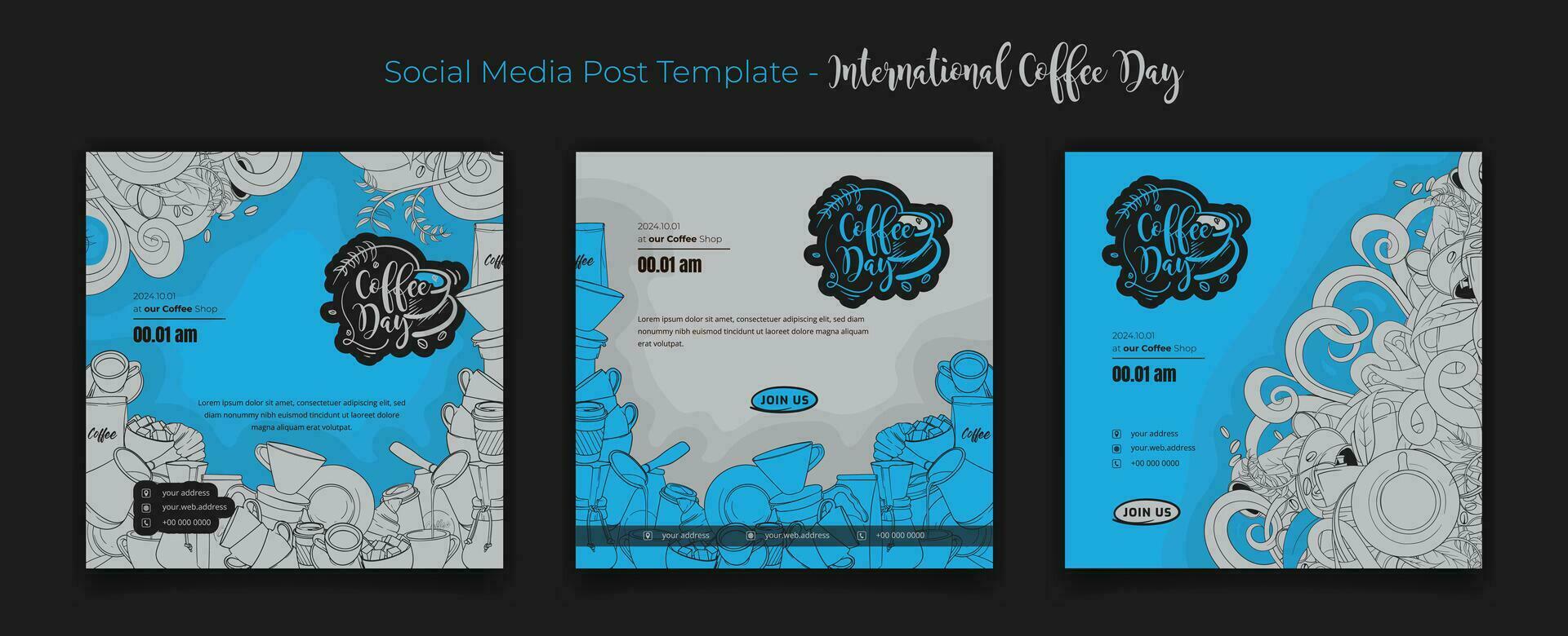 Social media post template with coffee tools in blue doodle art background for coffee day campaign vector