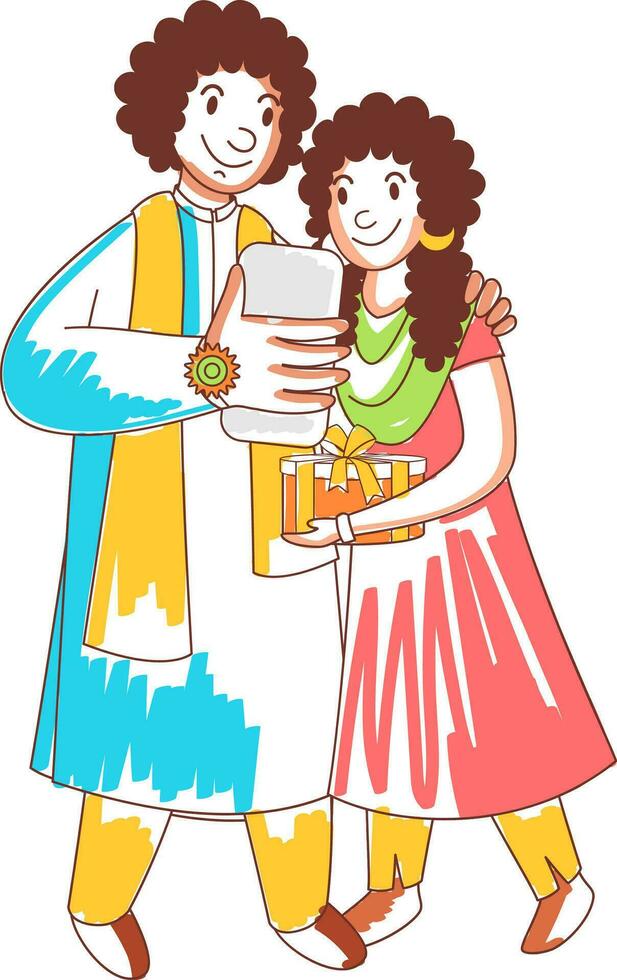 Cartoon Young Boy Taking A Selfie With His Sister Through Smartphone In Standing Pose. vector