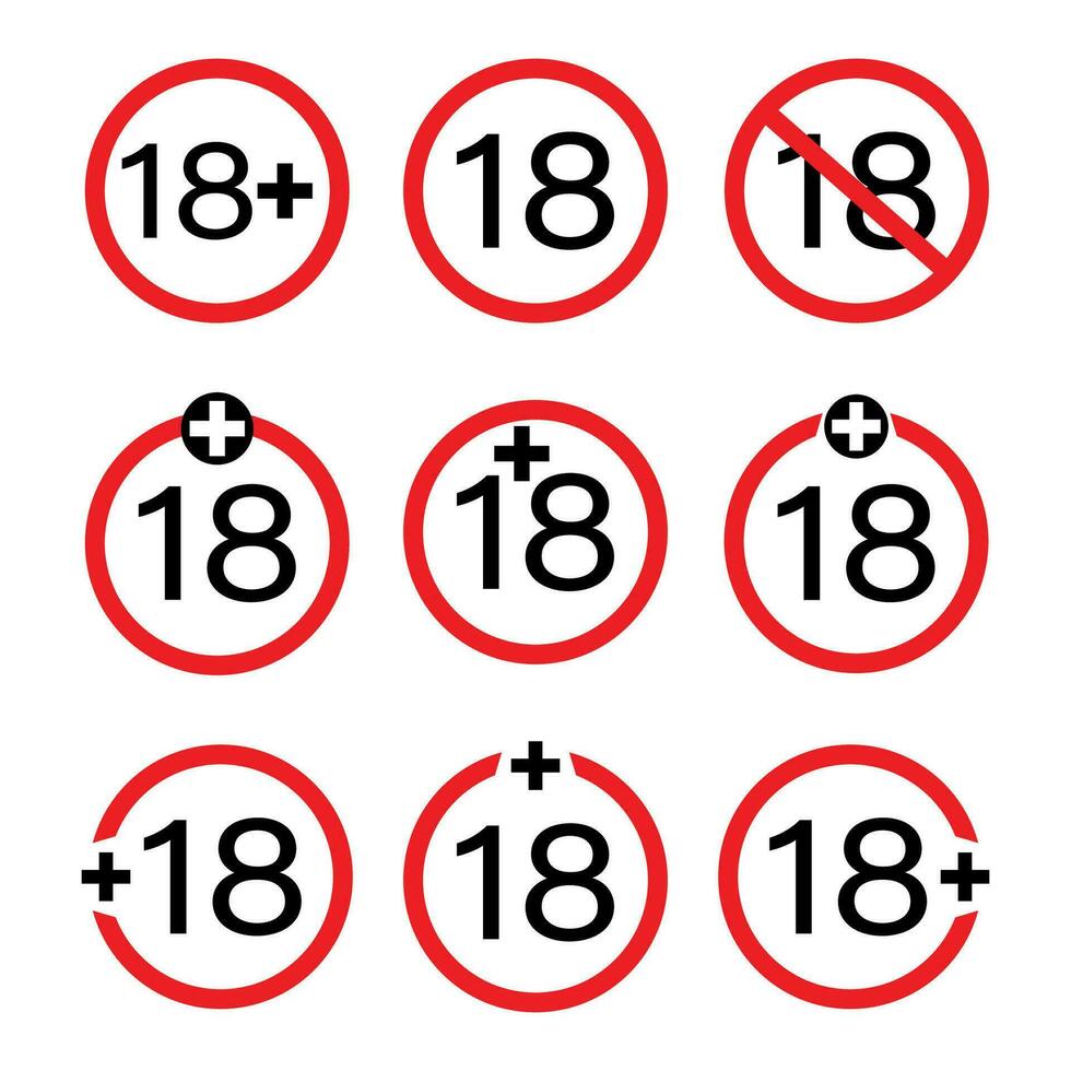 Minors 18 years warning red badges vector on a white background.