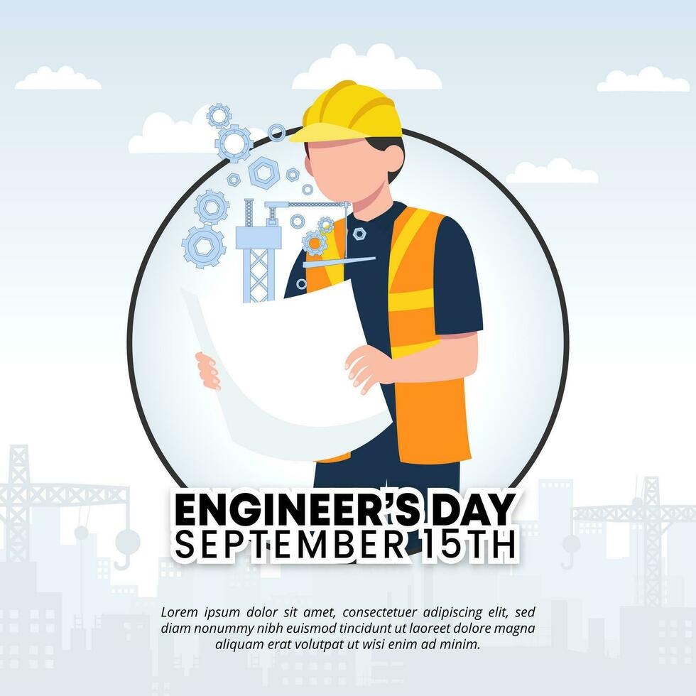 Square Engineer Day background with an engineer and blueprint vector