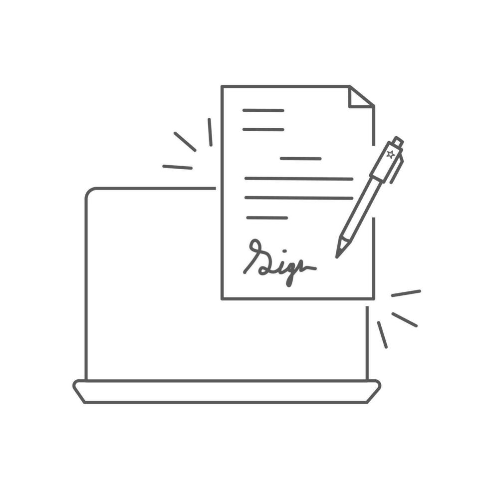 digital signature icon, e document form, electronic device for contract or agreement, thin line symbol on white background - editable stroke vector illustration eps10.