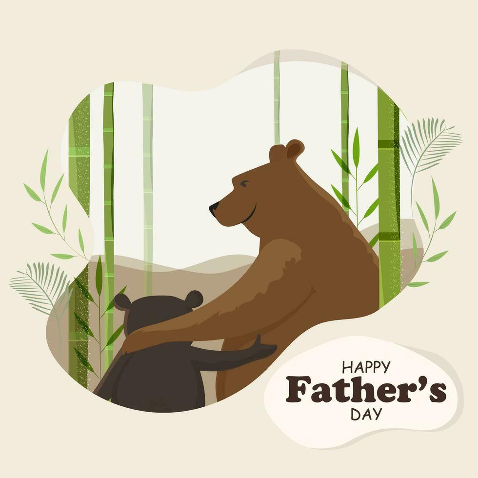 Happy Father's Day Greeting Card or Poster Design with Cute Bear and Son Duo Character in Bamboo Landscape. vector