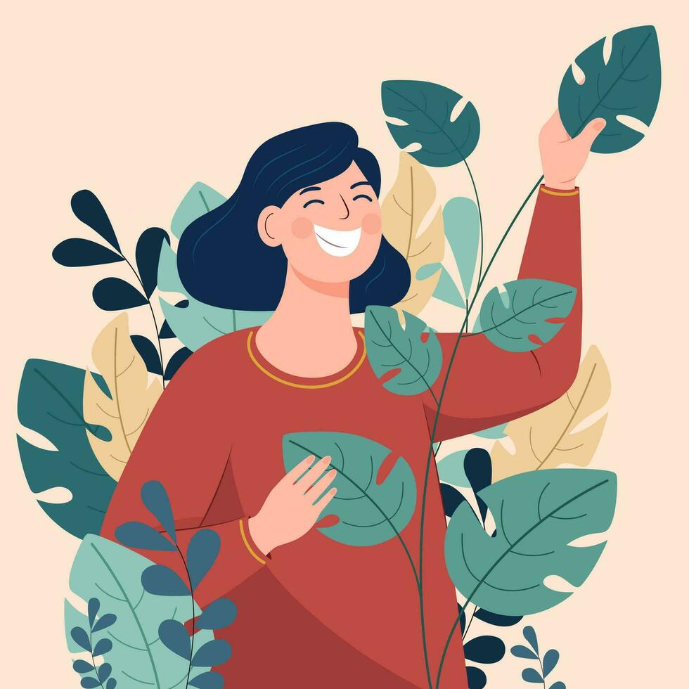 Portrait of Happy Woman Character Standing in Green and Yellow Leaves Background. vector