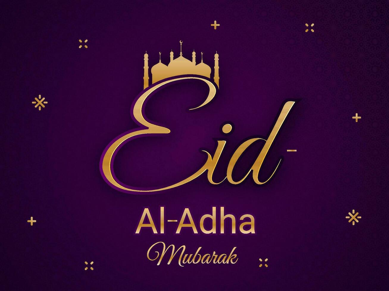 Golden Eid-Al-Adha Mubarak Font with Silhouette Mosque on Purple Background for Islamic Festival of Sacrifice Concept. vector