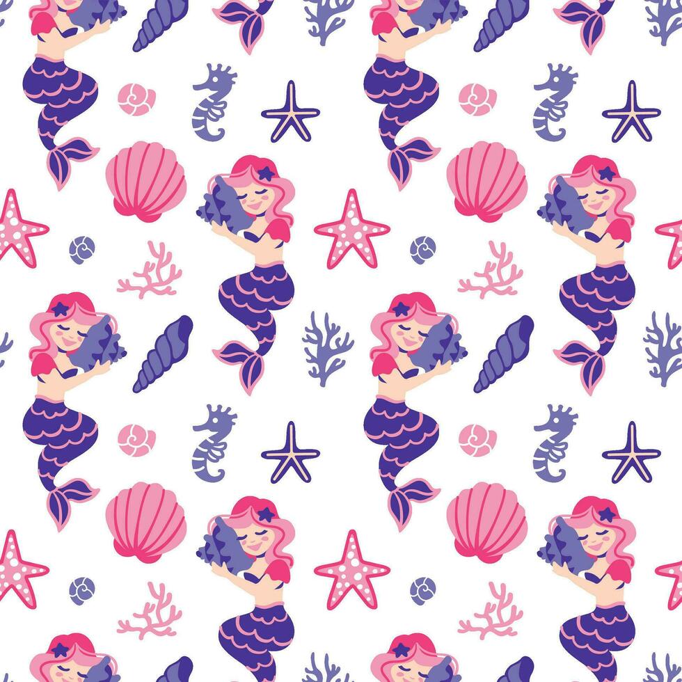 Cute mermaids on the ocean. Fantasy print for small girls. Seamless pattern. vector