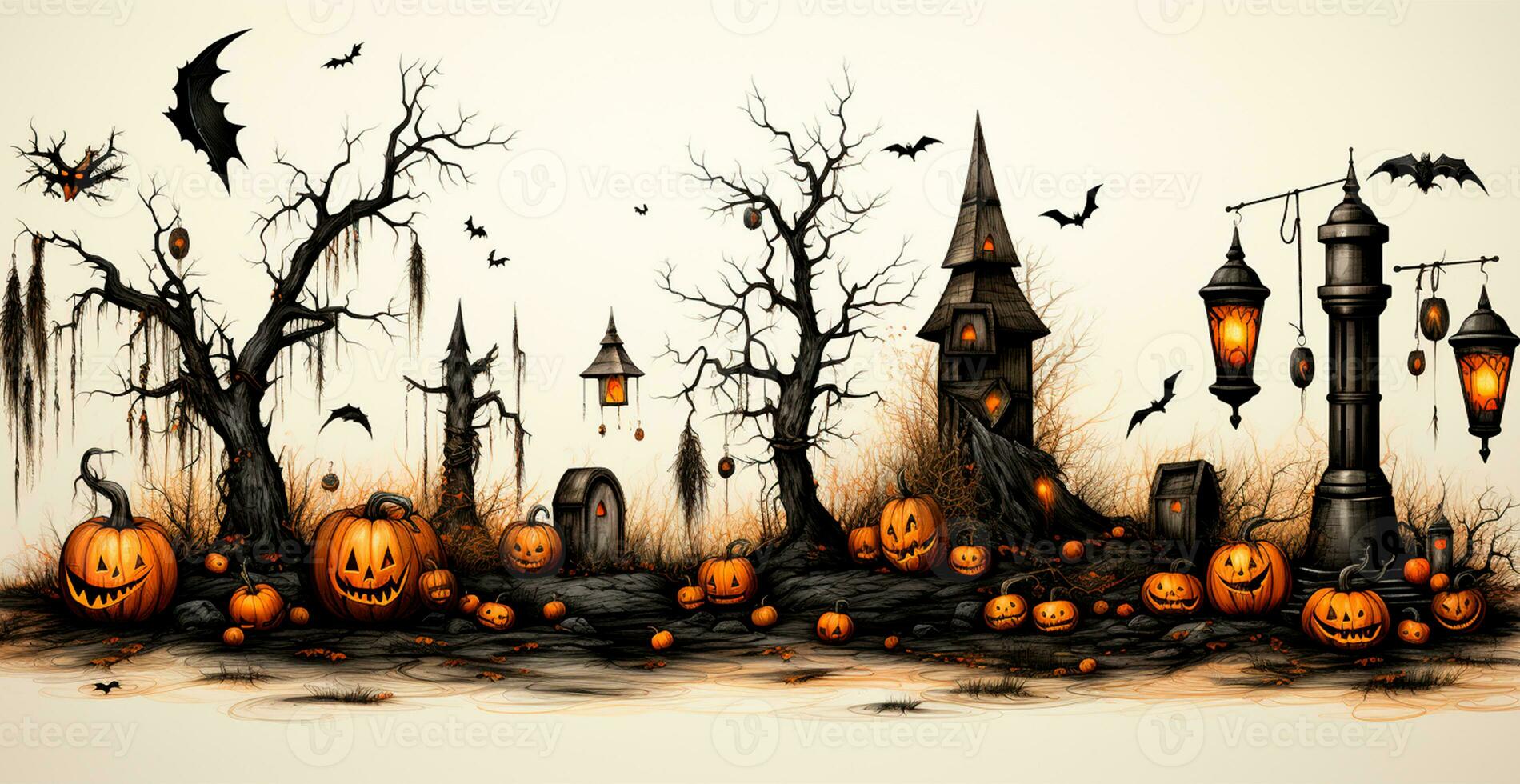 Close-up of carved Halloween pumpkins, gloomy festive background - AI generated image photo