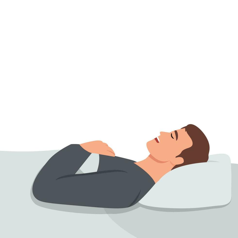hombre dormido en cama - vector ilustración de persona acostado en dormitorio ronquidos y teniendo un dormir.