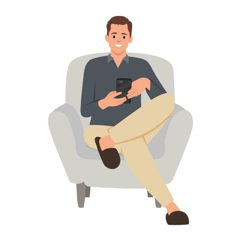 Man sitting on armchair and watching video on smartphone. vector