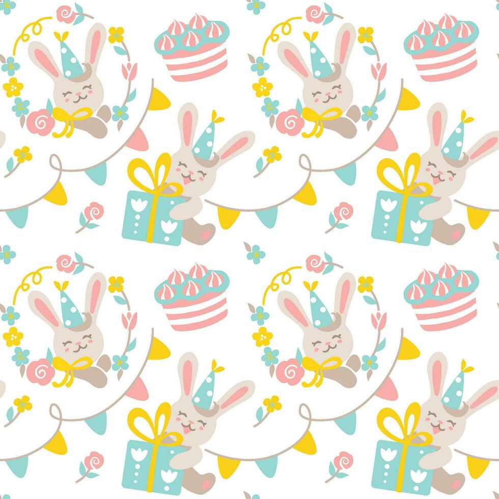 Cute bunny, cake, gift box. Celebration birthday . Seamless pattern for kid products vector