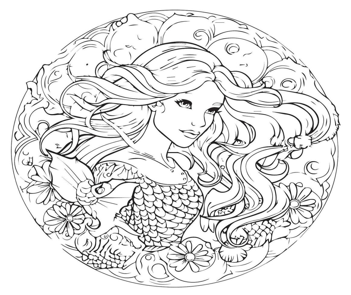 MERMAID MANDALA COLORING PAGE vector