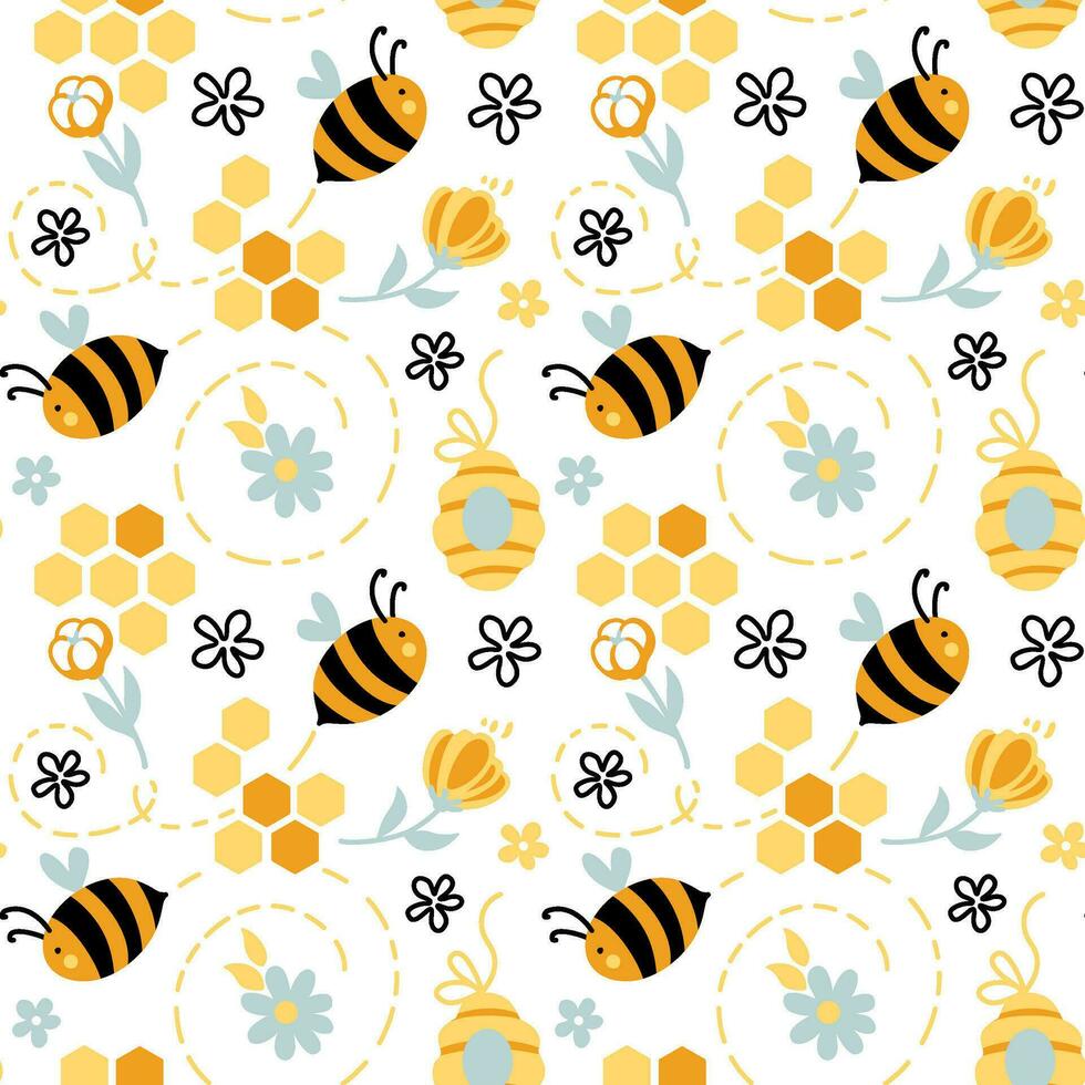 Funny bee flies over the flowers. Seamless pattern. Vector. vector
