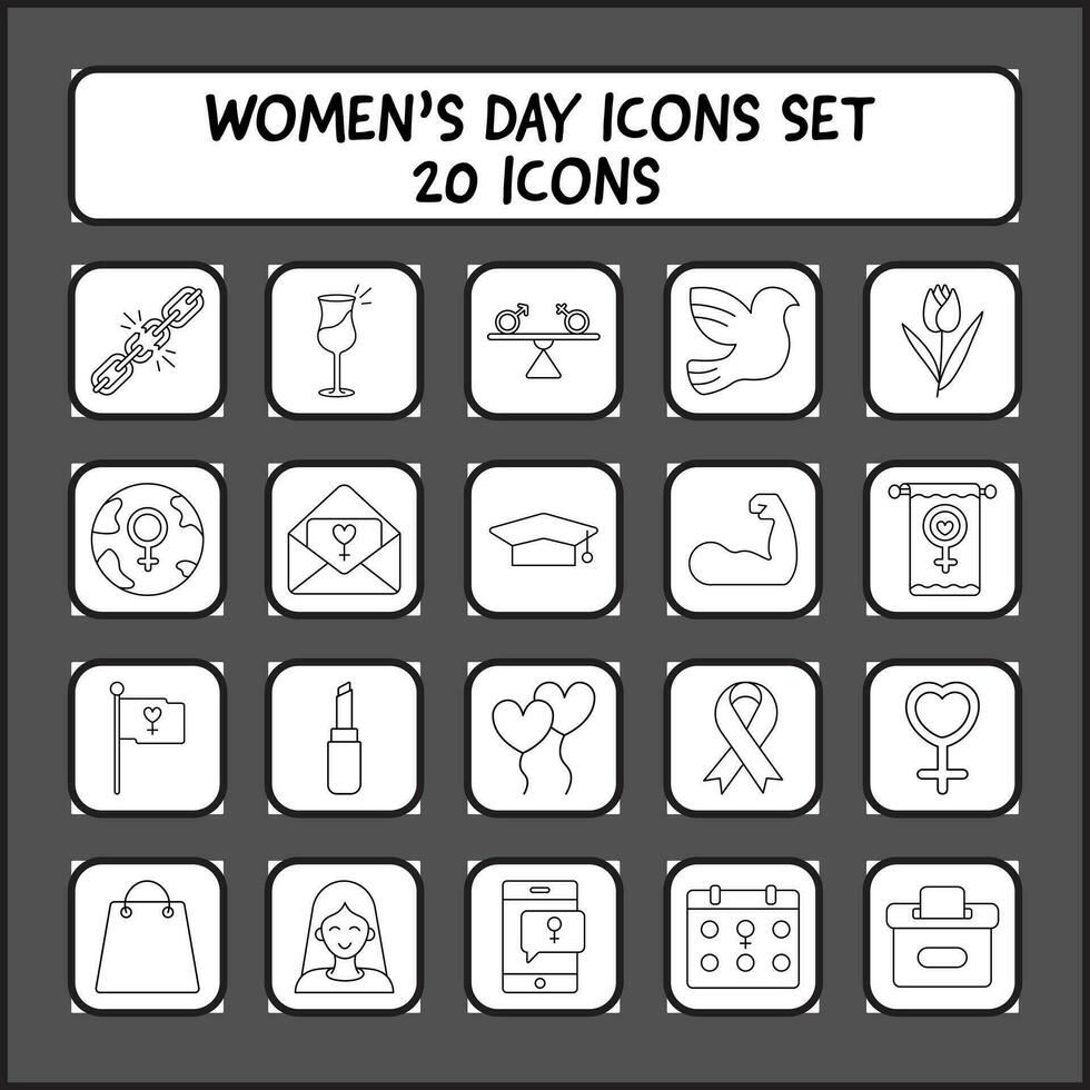 Black Linear Women's Day Icon Set On White And Grey Background. vector