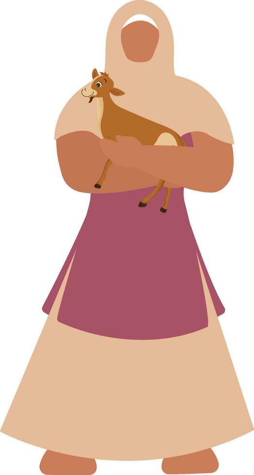 Illustration Of Muslim Young Girl Holding Baby Goat. vector