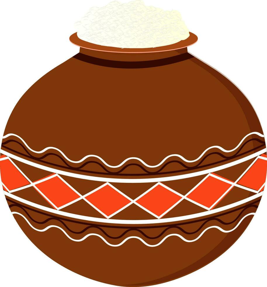 Decorated pongal mud pot in rice. vector